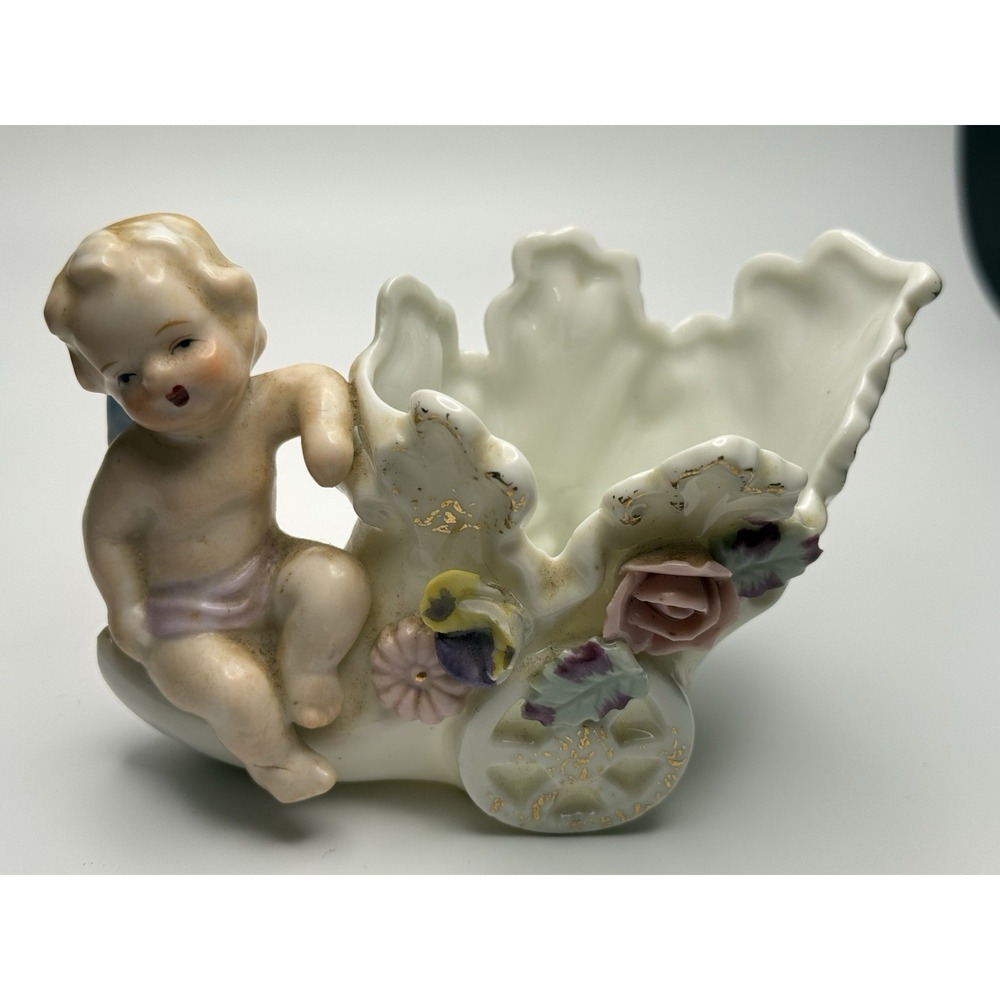 Vintage Angel‎ Cherub Vase Planter Made In Japan Gold Trim And Roses